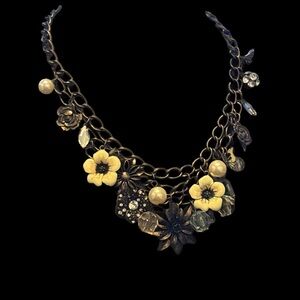 2/$25 Floral Necklace with Ivory Flowers and Antique Brass Chains